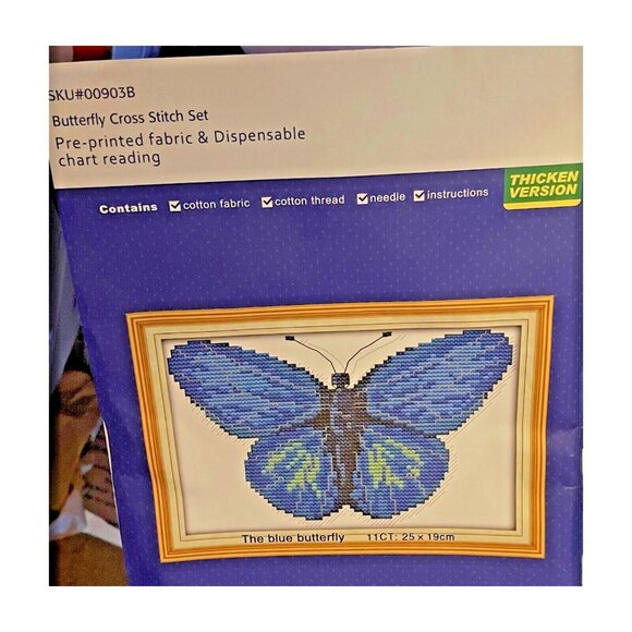 Cross Stitch Kit The Blue Butterfly Pattern 25x19cm Pre-Print 11CT Cotton Fabric - Picture 7 of 12